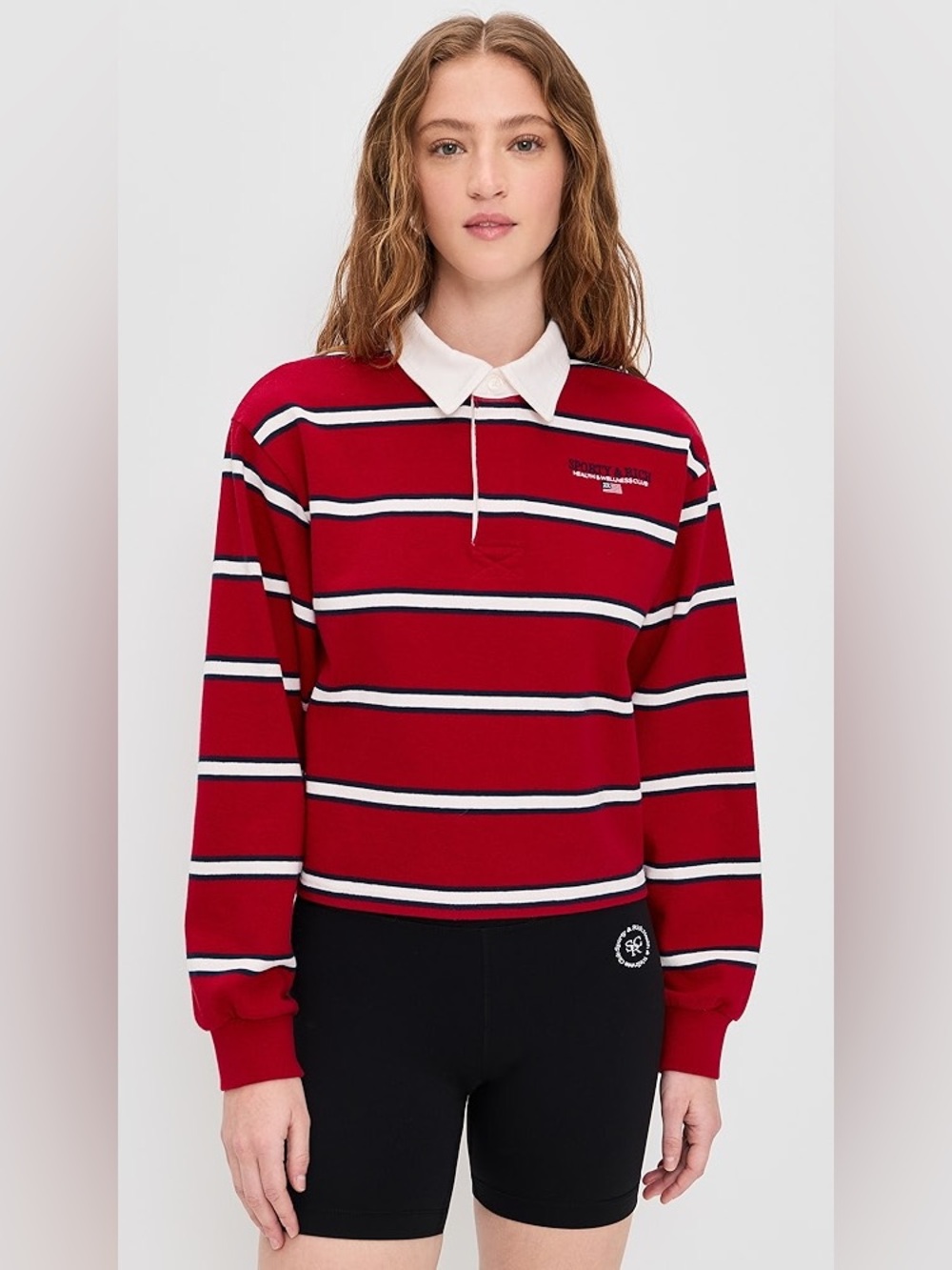 NWT Sporty&Rich Red Striped Rugby Polo with White Collar